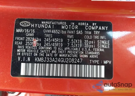 2016 Hyundai Tucson Limited/Sport And Eco/Se from USA, damaged, VIN KM8J33A24GU208247